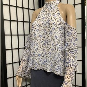 Intermix Floral silk halter neck cold shoulder ruffled sleeves top (W111)